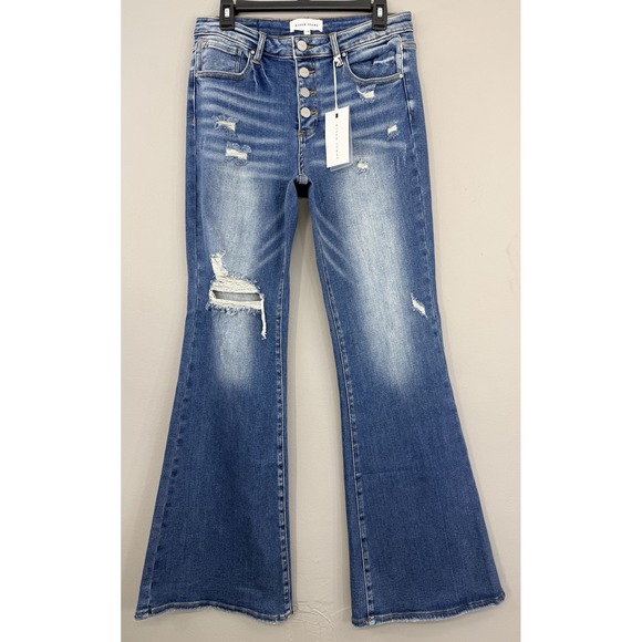 Risen Jeans Denim - RISEN Jeans Women's 11/30 Flare Distressed Stretch Denim Blue Fade NWT